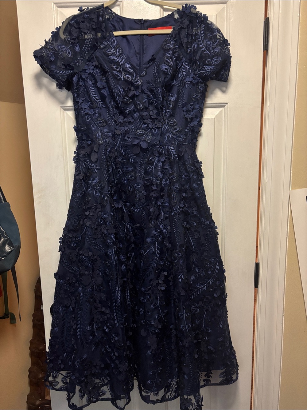 Carmen Marc Valvo Navy Floral Appliqué Dress